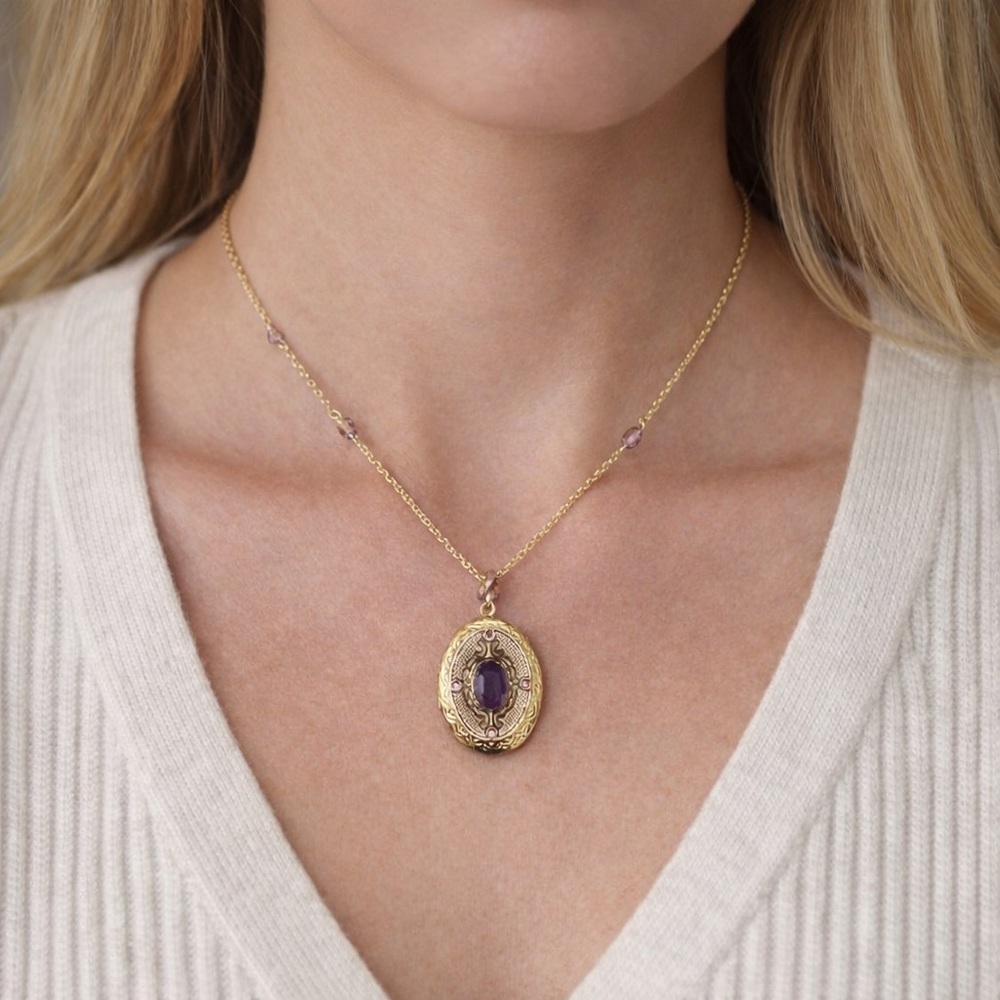 Avon Gold and Purple Pendant Locket Necklace